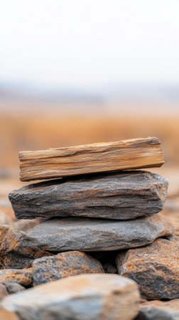 Rocks of varying sizes are carefully stacked on top of one another, topped with a piece of wood. The natural setting features gentle colors and a blurred background creating a serene atmosphere.の素材