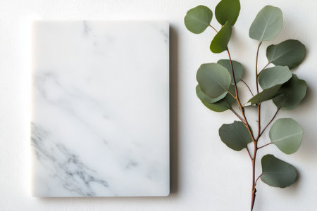A smooth white marble notebook rests beside fresh eucalyptus leaves. The soft textures and muted colors create a serene and stylish workspace, perfect for writing or note taking.の素材