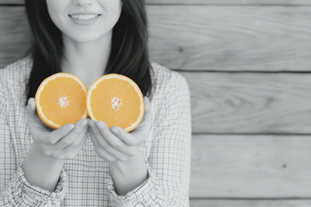 A young woman smiles while presenting two halves of a fresh orange. The relaxed atmosphere features a rustic wooden backdrop, perfect for a healthy lifestyle theme.の素材