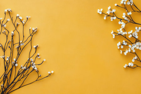 Delicate white flowers bloom on thin branches, showing their beauty against a vivid yellow background. The composition emphasizes simplicity and color contrast, creating a cheerful atmosphere.の素材