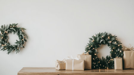Wrapped gifts are arranged on a wooden table, while decorative greenery and warm string lights create a festive atmosphere perfect for the holiday season.の素材