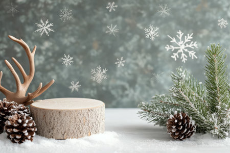 Decorative winter setup showing silver and purple ornaments, pinecones, and evergreen branches. Snowflakes gently fall in the background, creating a cozy holiday atmosphere.の素材