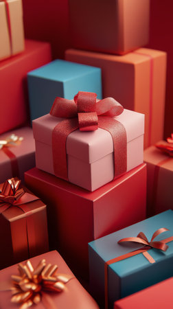A collection of vibrant gift boxes of different sizes and shapes are arranged together, creating a cheerful atmosphere. The gifts are brightly wrapped in various colors, showing festive ribbons.の素材