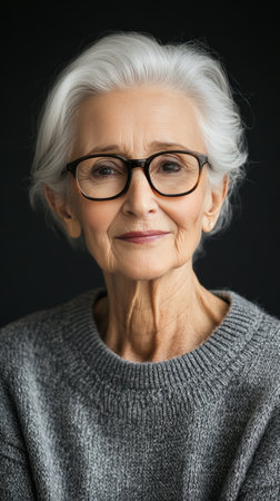 A senior woman with silver hair and glasses smiles gently while dressed in a soft, gray sweater. The dark background highlights her calm expression and graceful features.の素材