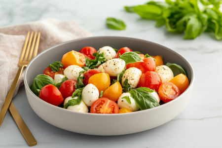 A bowl filled with vibrant cherry tomatoes, mozzarella balls, and fresh basil leaves showcases a healthy salad. The arrangement highlights the colors and textures, promising a refreshing dish.の素材