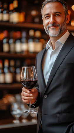 A well dressed man in a suit is holding a glass of red wine, showing the mastery of fine dining. The ambient lighting adds an aura of sophistication to the setting.の素材