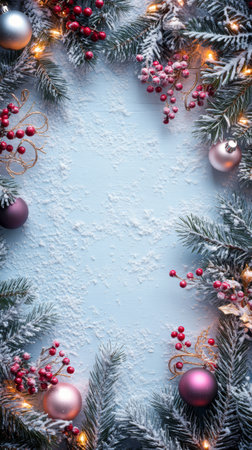 Pine branches, red berries, and golden decorations frame a rustic wooden background. Shimmering ornaments add to the festive atmosphere, creating a cozy holiday vibe.の素材