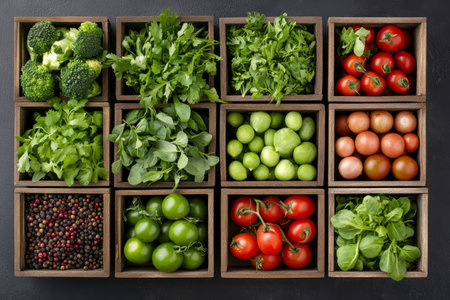 Colorful assortment of fresh vegetables displayed in wooden boxes includes tomatoes, greens, and herbs, showing vibrant colors and textures perfect for cooking or salads.の素材