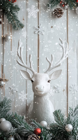 A decorative white reindeer with antlers sits among evergreen branches and golden ornaments, with gentle snowflakes falling, creating a serene winter atmosphere.の素材