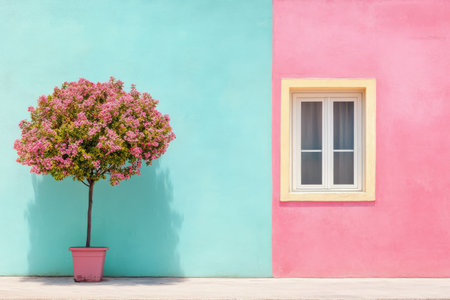 A vibrant wall combines pastel blue and pink hues, separated by a crisp yellow base. A white framed window adds charm to the cheerful aesthetic in this bright environment.の素材