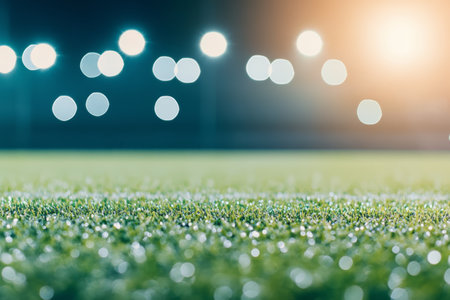Dew glistens on the grass of a sports field at night, illuminated by soft lights high above. The tranquil setting creates a peaceful atmosphere for evening activities or companionship.の素材