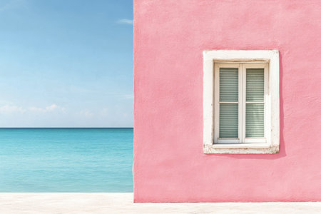 A vibrant wall combines pastel blue and pink hues, separated by a crisp yellow base. A white framed window adds charm to the cheerful aesthetic in this bright environment.の素材