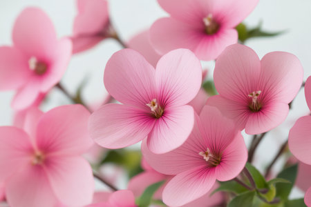 Soft pink flowers with delicate petals create a gentle arrangement, enhancing the light background. This display evokes feelings of springtime freshness and beauty, perfect for seasonal decor.の素材
