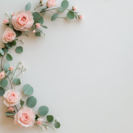 A delicate arrangement of soft pink roses and green eucalyptus leaves creates a graceful design on a neutral backdrop, perfect for enhancing any event or decor with natural beauty.の素材