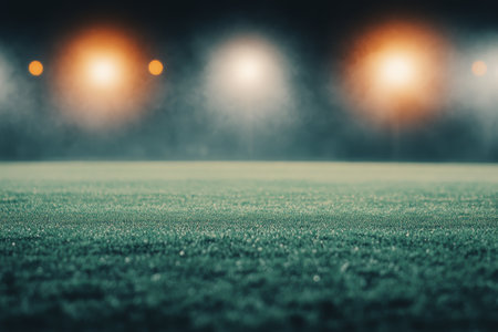 Dew glistens on the grass of a sports field at night, illuminated by soft lights high above. The tranquil setting creates a peaceful atmosphere for evening activities or companionship.の素材