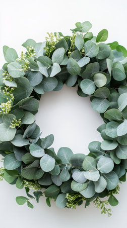 A circular wreath made of lush eucalyptus leaves is displayed against a plain background. This decorative piece can elevate home interiors, perfect for various occasions and spaces.の素材