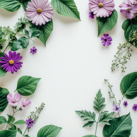 A collection of various green leaves and small purple flowers arranged to form a decorative border. This setup is placed against a clean white backdrop, emphasizing the vibrant colors of nature.の素材