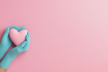 Two hands wearing blue latex gloves hold a soft pink heart cutout. The background features a gradient of pastel colors, creating a soothing and harmonious atmosphere.の素材