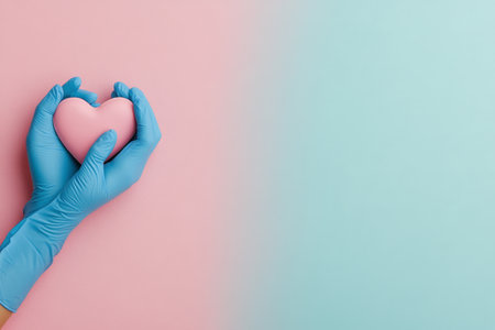 Two hands wearing blue latex gloves hold a soft pink heart cutout. The background features a gradient of pastel colors, creating a soothing and harmonious atmosphere.の素材