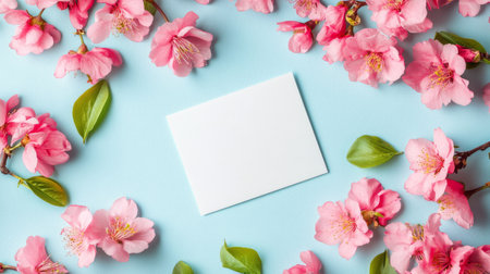 Delicate pink flowers surround a white blank card on a pastel blue surface. This setup creates a pleasing visual contrast, ideal for spring themed designs or greeting cards.の素材