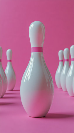 Bright white bowling pins stand prominently against a vivid pink background, creating a playful and energetic atmosphere ideal for bowling activities and recreational events.の素材