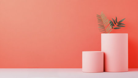 Two pink cylindrical containers are positioned against a soft pastel pink wall. The larger container stands taller, while the smaller one rests beside it, creating a harmonious and clean aesthetic.の素材