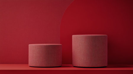 Two circular platforms in varying sizes are placed on a red floor, surrounded by soft red curtains. The minimal design emphasizes the vibrant color and adds depth to the setting.の素材