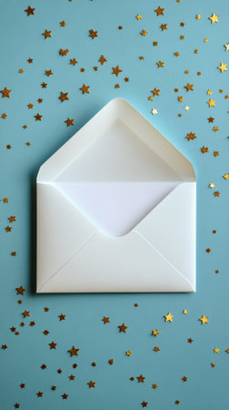 A simple white envelope rests on a bright blue surface. Surrounding the envelope are scattered golden stars and confetti, creating a festive atmosphere that evokes celebration and joy.の素材