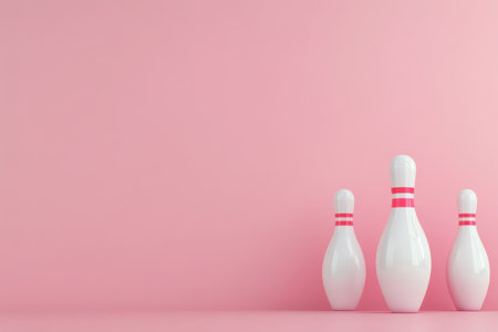Three white bowling pins with pink stripes stand in a row against a soft pink background, creating a playful and minimalist atmosphere suitable for fun decor or promotional purposes.の素材
