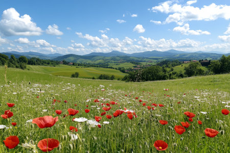 Fields filled with bright red poppies contrast beautifully with the rolling green hills in the background. The landscape is bathed in warm light, showcasing natures serene beauty during golden hour.の素材