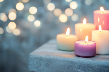 Flickering candles are arranged on smooth, modern steps, creating a serene atmosphere. Soft light casts gentle reflections, enhancing the peaceful mood of the space.の素材