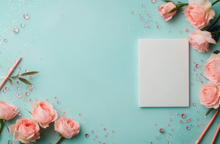 Delicate pink roses and white flowers surround a blank white frame on a soft blue background, creating a beautiful setting for showcasing art or photos in a decorative manner.の素材