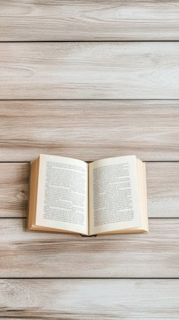 An open book lies on a textured wooden table, showing its printed pages. The warm daylight enhances the inviting atmosphere, perfect for reading or studying.の素材