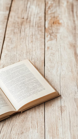 An open book lies on a textured wooden table, showing its printed pages. The warm daylight enhances the inviting atmosphere, perfect for reading or studying.の素材