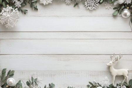 A festive winter themed setting features a white wooden surface surrounded by pine branches, fairy lights, and snowflakes, with a ceramic deer positioned elegantly on one side.の素材