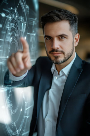 A well dressed man stands in a contemporary office, gesturing towards a digital display filled with data and graphics. He appears focused and engaged, conveying a sense of technology and innovation.の素材