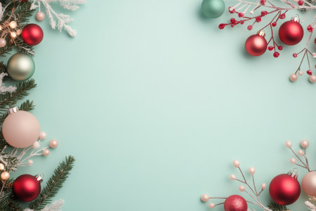 A festive display features red and white ornaments, along with winter greenery. The composition showcases a holiday theme, ideal for seasonal celebrations and decorations.の素材