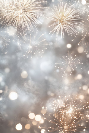 A vibrant display of fireworks illuminates the night sky, surrounded by shimmering lights and soft glows. The celebration creates a festive and joyful ambiance perfect for gatherings.の素材