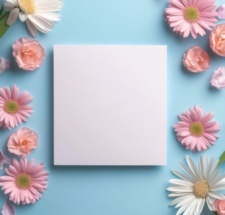 A blank square canvas is centered among delicate pastel colored flowers on a soft blue background, creating a serene and inviting atmosphere for artistic expression.の素材