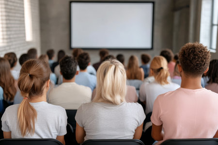 A group of men sits in a modern conference room, focusing on a presentation projected on a screen. They hold drinks, showing engagement in the discussion taking place.の素材