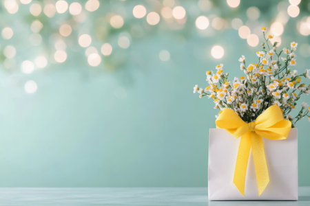 Delicate flowers in shades of yellow and white are arranged in a white box tied with a yellow ribbon. The soft blue background enhances the cheerful, fresh look of the floral display.の素材