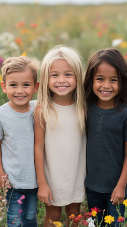 Three children with diverse hairstyles are joyfully smiling while standing close in a colorful flower garden filled with blooming plants. The setting is warm and sunny, enhancing their happiness.の素材