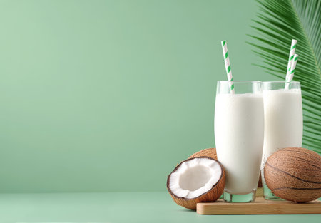 Two tall glasses filled with creamy coconut beverages sit on a wooden board. The background features a fresh green color, enhancing the tropical vibe of this refreshing drink.の素材