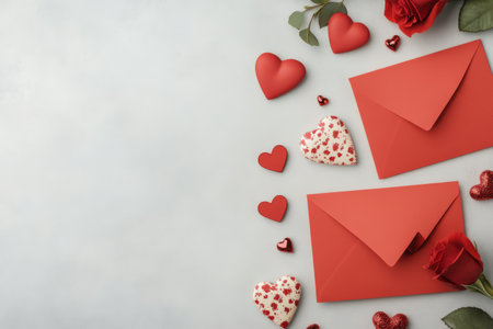 A collection of pink and red envelopes is artistically arranged with vibrant roses and romantic heart shaped decorations. This setup evokes feelings of love and celebration.の素材