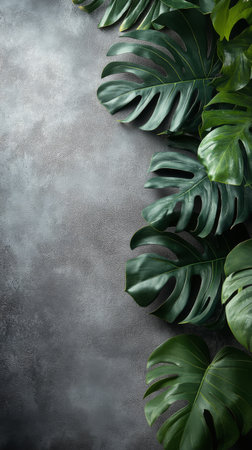 Vibrant monstera leaves are arranged against a textured gray backdrop, creating an eye catching and modern design. This setup is perfect for botanical themes or natural decor.の素材