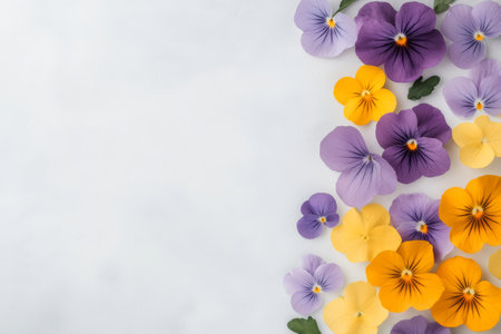 Fresh lavender and yellow flowers are artistically arranged around a wrapped gift box. The background is a soft light color, creating an elegant atmosphere perfect for a special occasion.の素材