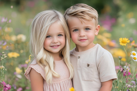 Two young children stand closely together, surrounded by colorful wildflowers on a sunny spring day. Their genuine smiles and playful expressions radiate joy and innocence.の素材