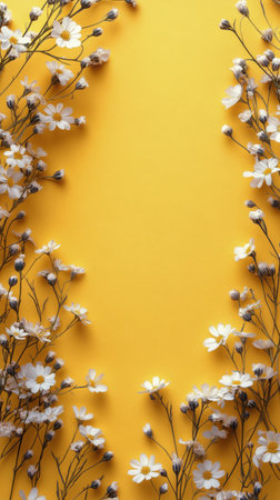 A vibrant yellow backdrop is adorned with clusters of small white flowers. The arrangement of blossoms creates a joyful and inviting ambiance, perfect for celebrations or decorative purposes.の素材