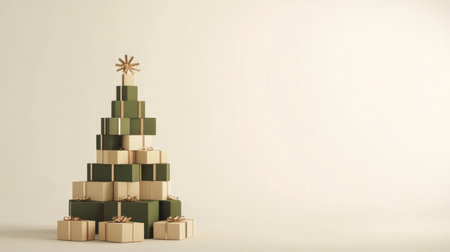 A decorative arrangement features stacked green and gold gift boxes shaped like a Christmas tree. A golden star adorns the top, creating a festive look for the holiday season.の素材