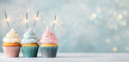 Four decorated cupcakes in pastel colors sit on a light blue background. Each cupcake has a unique frosting style and is topped with a sparkler, adding a festive touch. Perfect for a celebration.の素材
